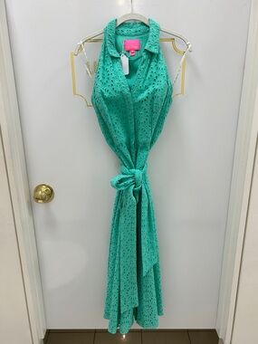 LILLY PULITZER Sleeveless Cotton Eyelet Tie-Waist Dress in Aqua